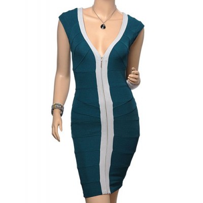 Color Block Casual V-Neck Zipper Design Packet Buttock Bandage Dress For Women